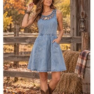 Miss Me Light Wash Denim Lattice Neckline Fit and Flare Dress Western Small